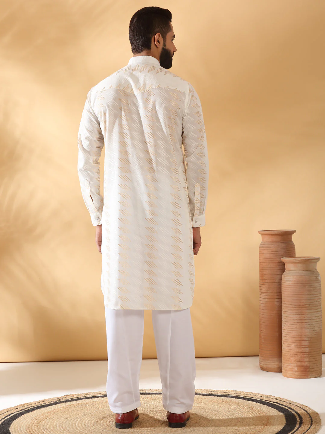 KRAFT INDIA Men's Cotton Embroidered Chevron Cream Gold Pathani Kurta With White Salwar Set - Image 20