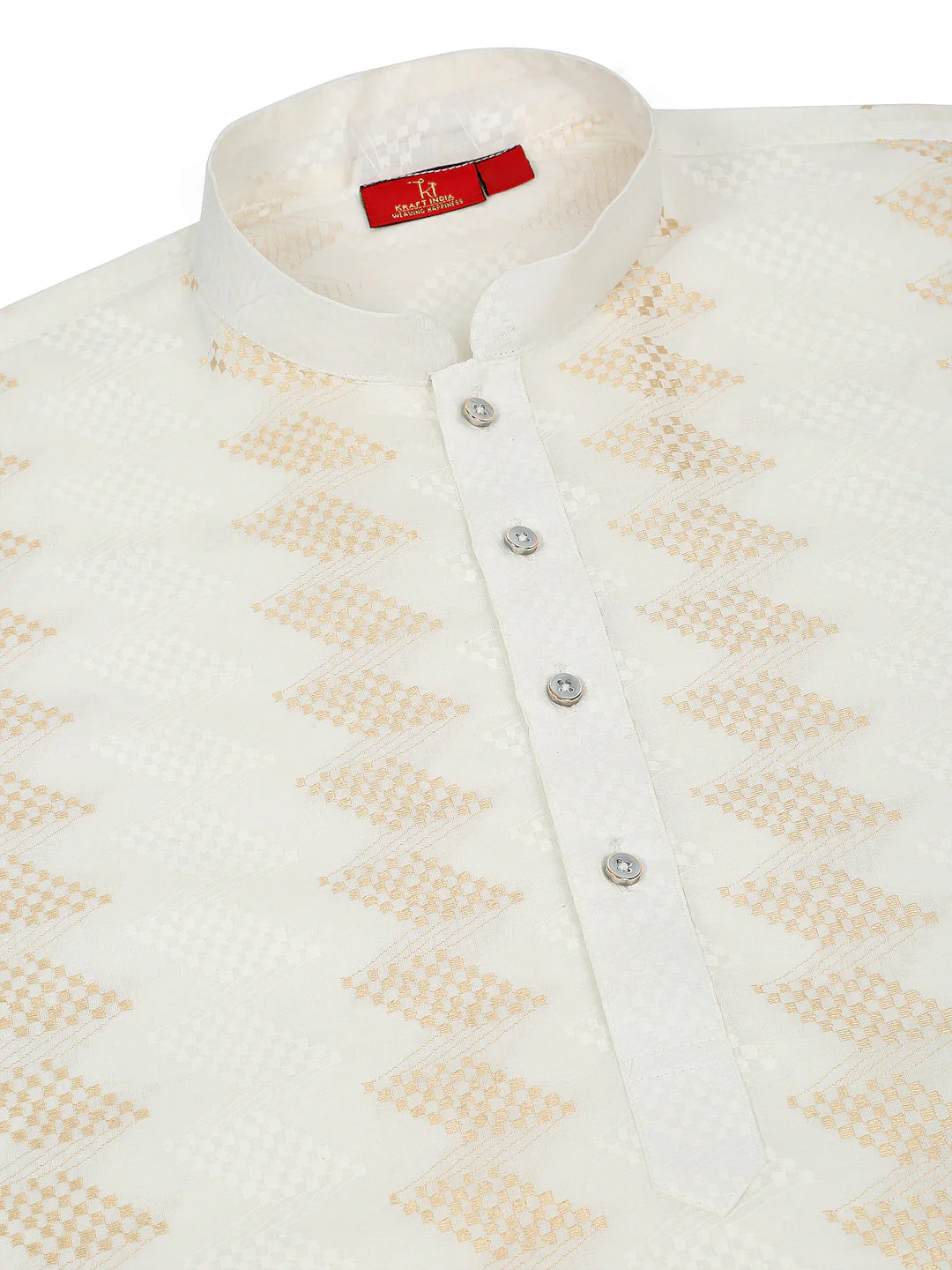 KRAFT INDIA Men's Cotton Embroidered Chevron Cream Gold Pathani Kurta With White Salwar Set - Image 23