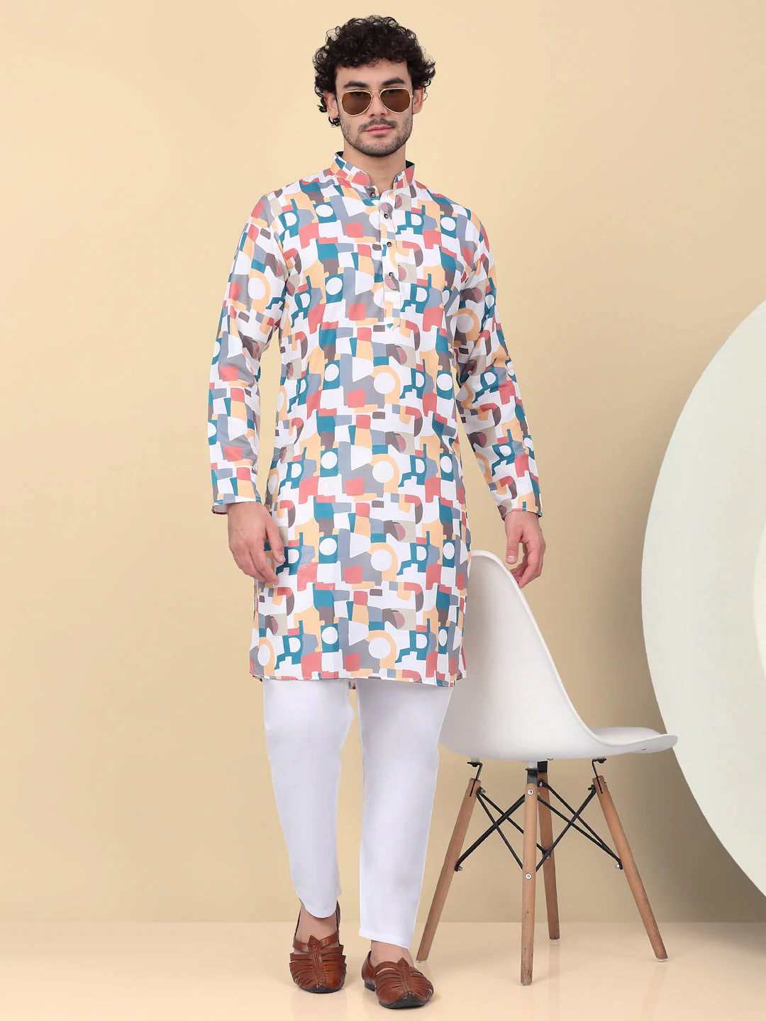 KRAFT INDIA Men's Cotton Regular Fit Geometric Printed Kurta - Image 15