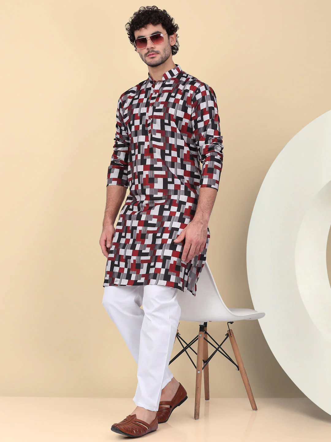 KRAFT INDIA Men's Cotton Regular Fit Geometric Printed Kurta With Elastic Waistband Pyjama set - Image 5