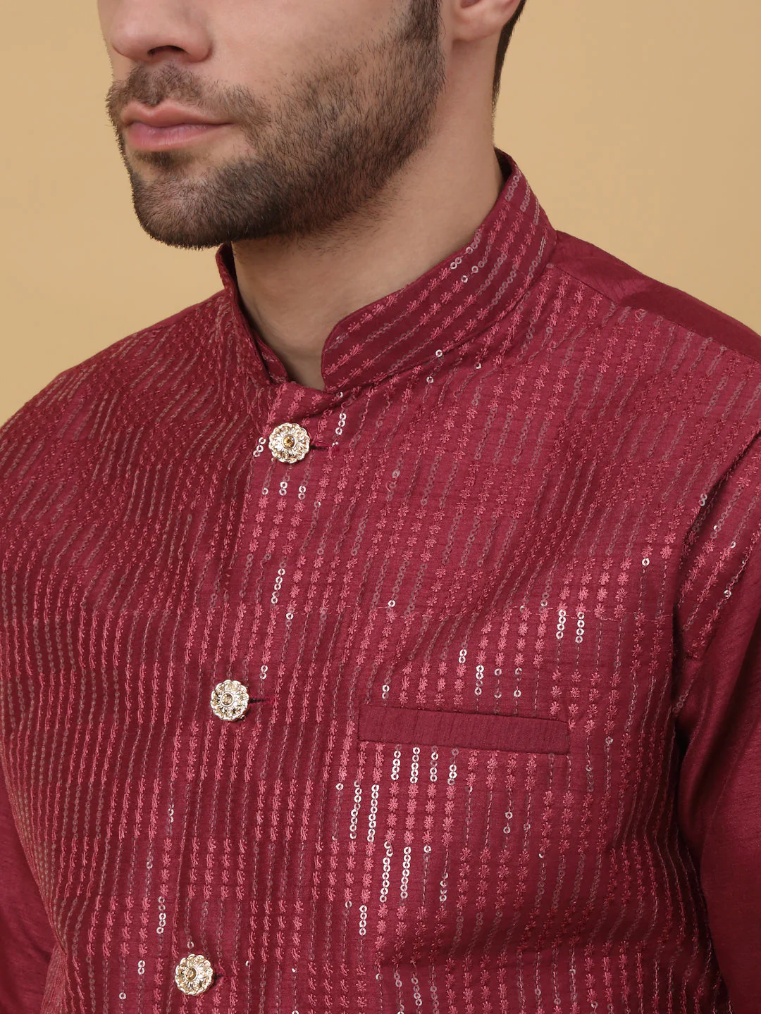 KRAFT INDIA Men's Cotton Silk Sequenced Embroided Kurta and Beige Salwar with Cotton Silk Embroided Sequenced Nehru Jacket Set - Image 13