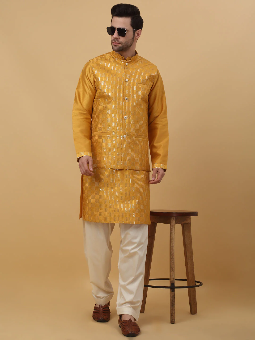 KRAFT INDIA Men's Cotton Silk Sequenced Embroided Kurta and Beige Salwar with Cotton Silk Embroided Sequenced Nehru Jacket Set - Image 16