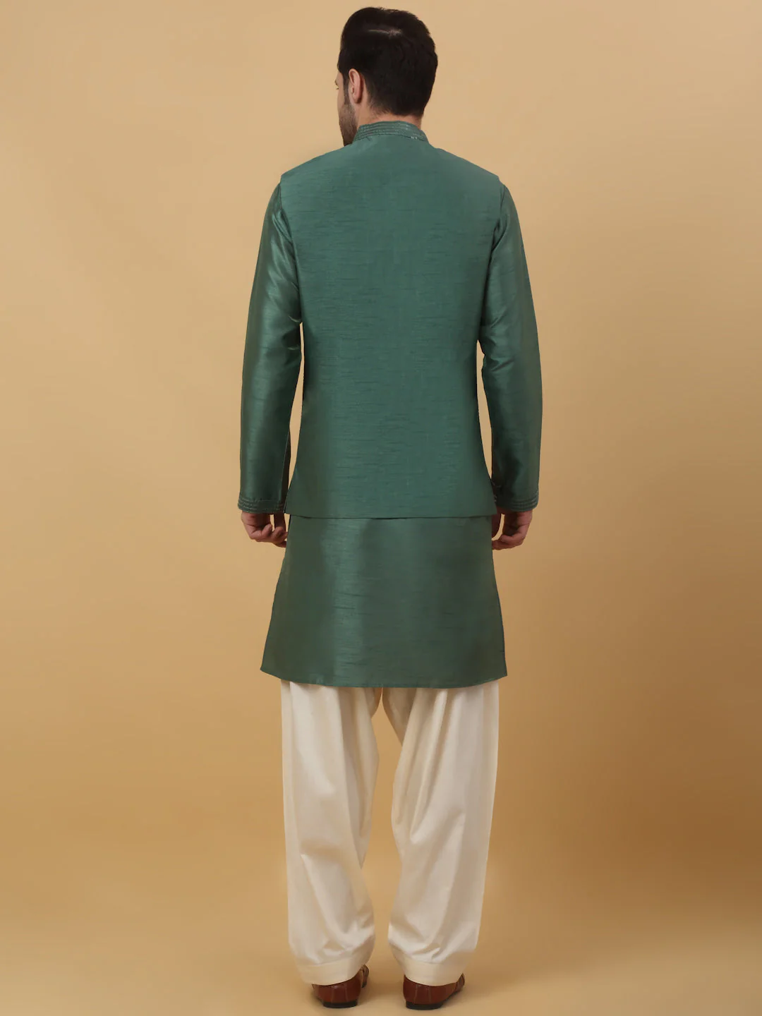 KRAFT INDIA Men's Cotton Silk Sequenced Embroided Kurta and Beige Salwar with Cotton Silk Embroided Sequenced Nehru Jacket Set - Image 2