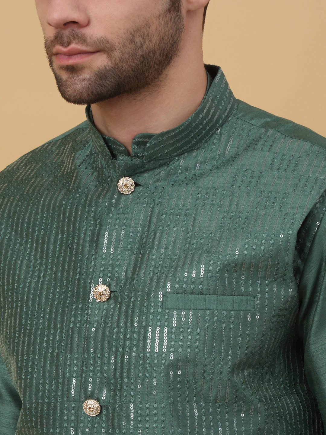 KRAFT INDIA Men's Cotton Silk Sequenced Embroided Kurta and Beige Salwar with Cotton Silk Embroided Sequenced Nehru Jacket Set - Image 3
