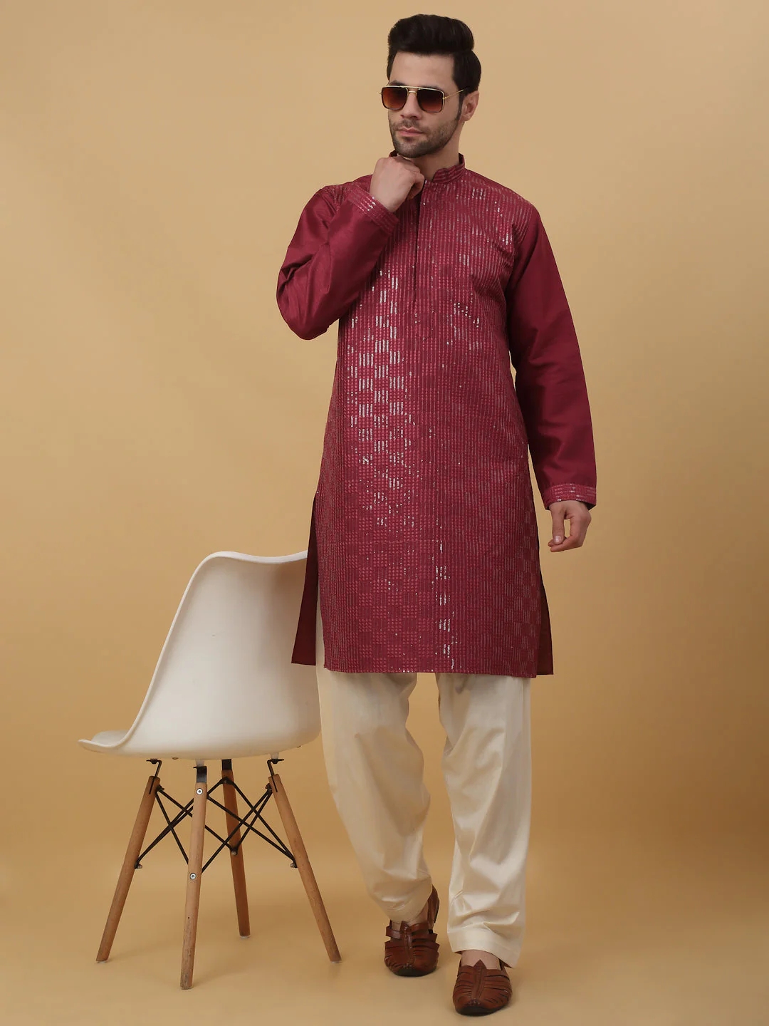 KRAFT INDIA Men's Cotton Silk Sequenced Kurta with Beige Elastic Waistband Salwar Set - Image 11