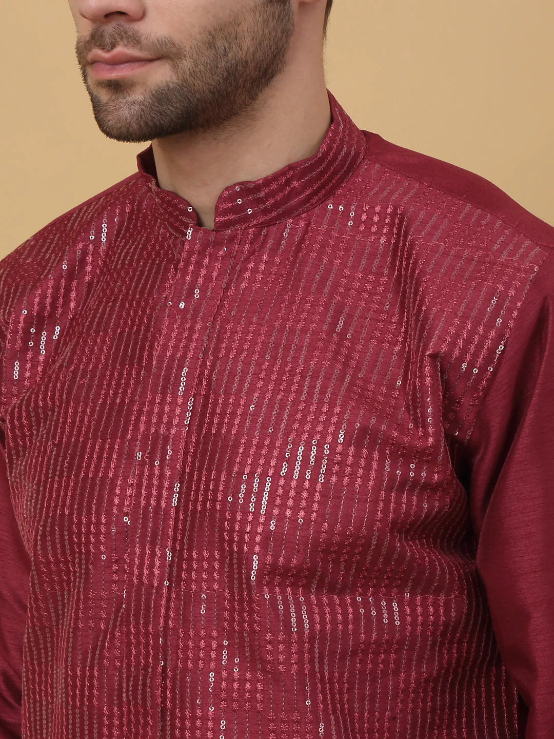 KRAFT INDIA Men's Cotton Silk Sequenced Kurta with Beige Elastic Waistband Salwar Set - Image 13
