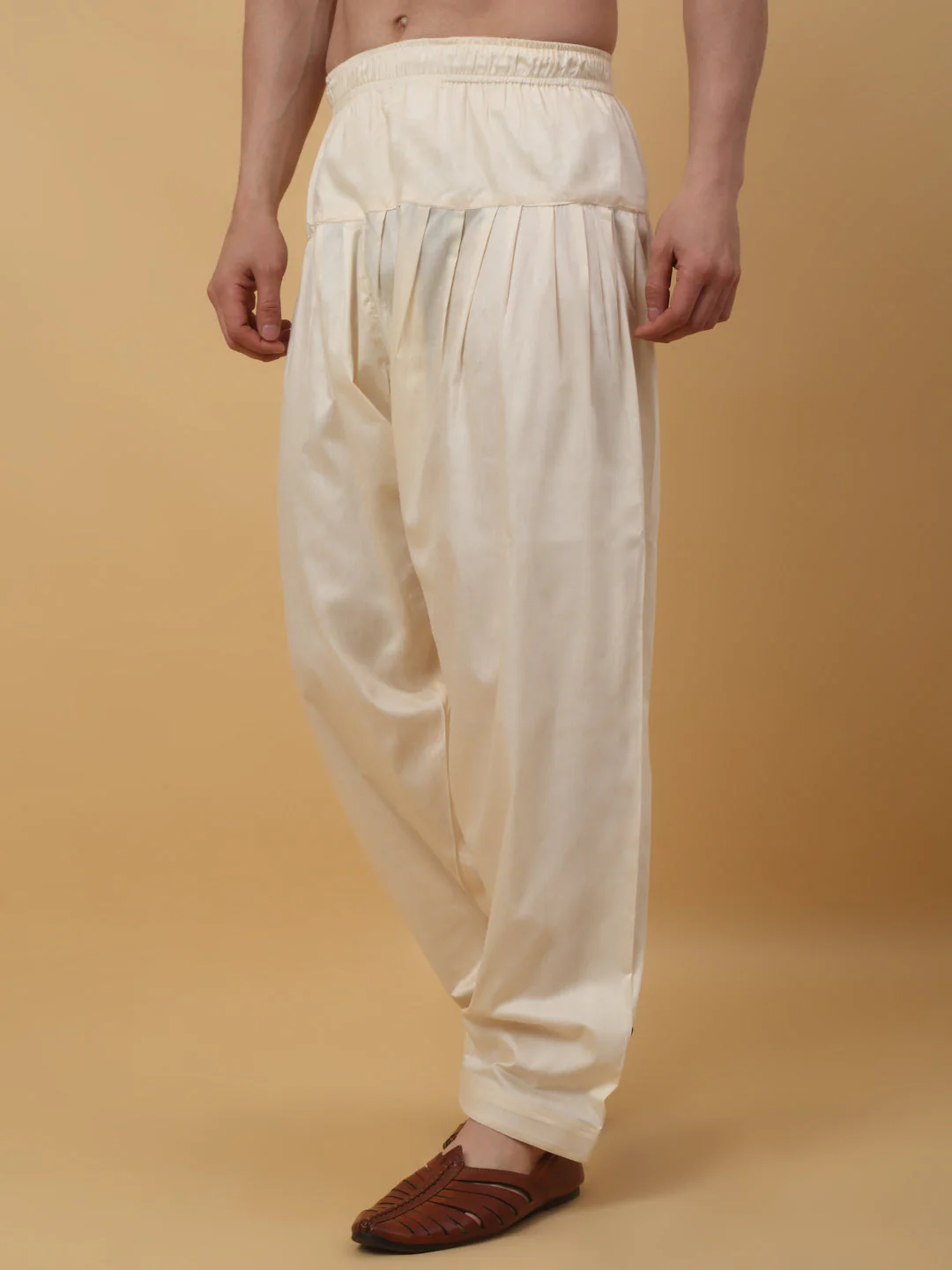 KRAFT INDIA Men's Cotton Silk Sequenced Kurta with Beige Elastic Waistband Salwar Set - Image 4