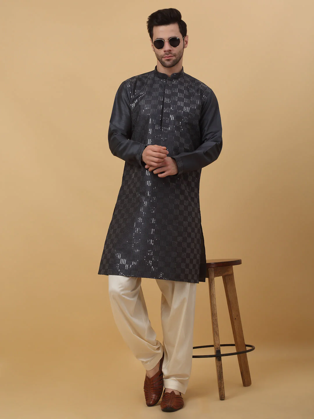 KRAFT INDIA Men's Cotton Silk Sequenced Kurta with Beige Elastic Waistband Salwar Set - Image 6
