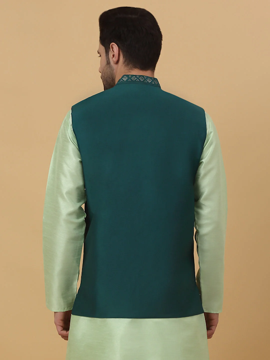 KRAFT INDIA Men's Cotton Silk Sequenced Sleeveless Embroided Floral Nehru Jacket - Image 12