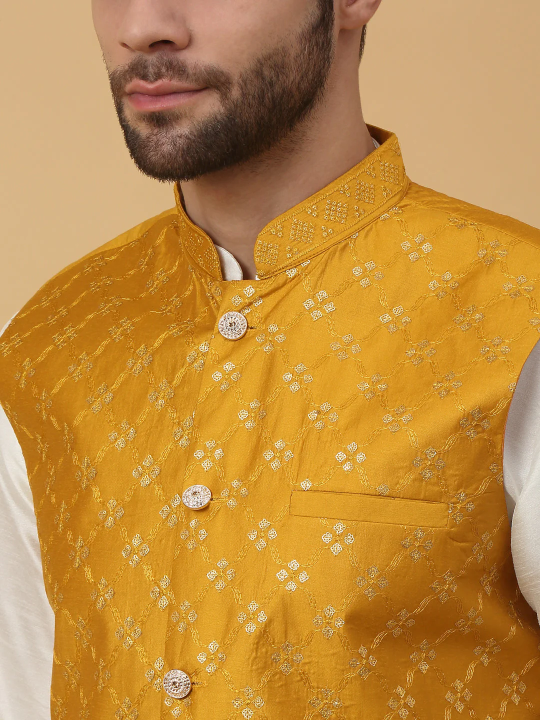 KRAFT INDIA Men's Cotton Silk Sequenced Sleeveless Embroided Floral Nehru Jacket - Image 18