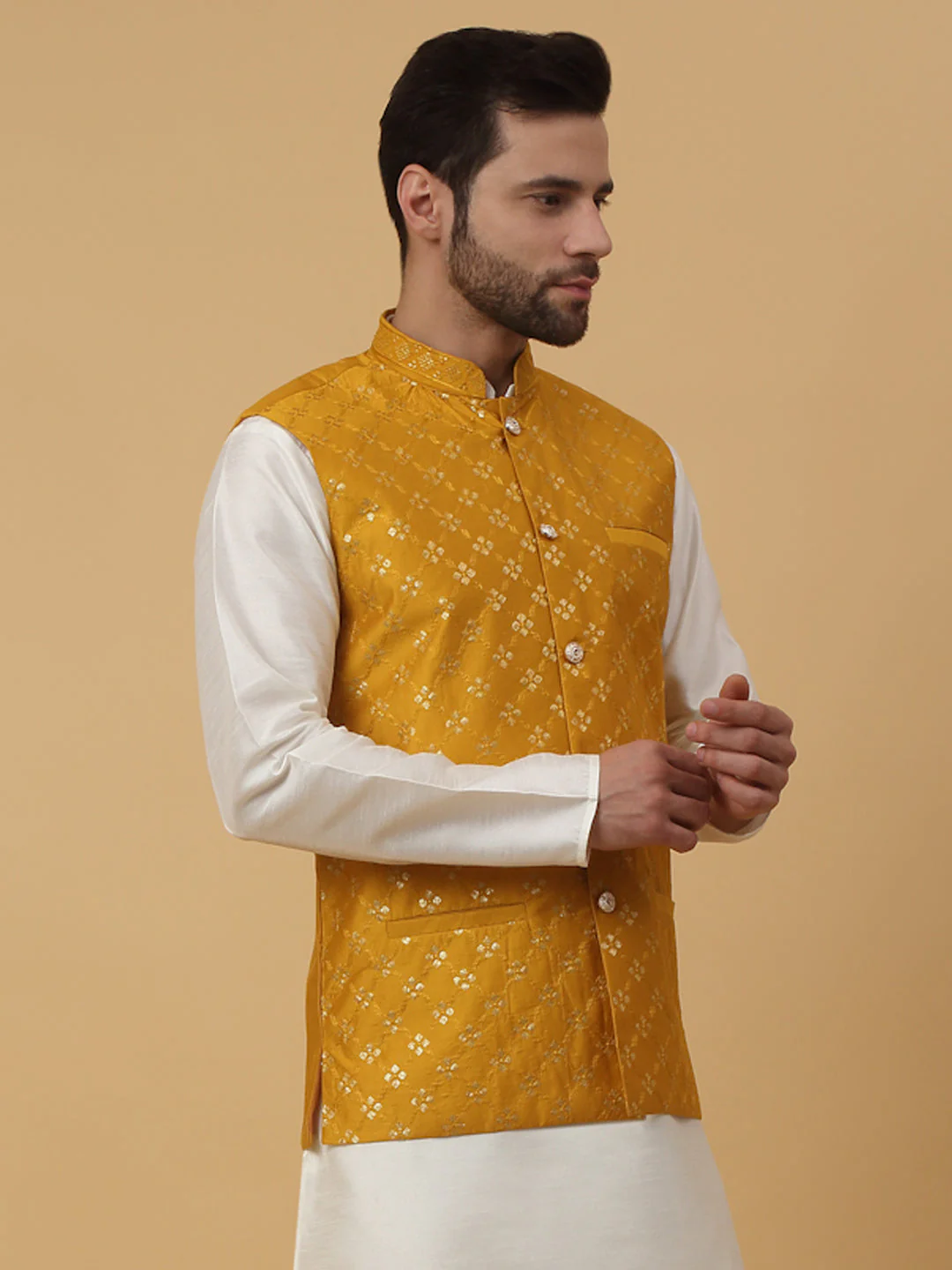 KRAFT INDIA Men's Cotton Silk Sequenced Sleeveless Embroided Floral Nehru Jacket - Image 20