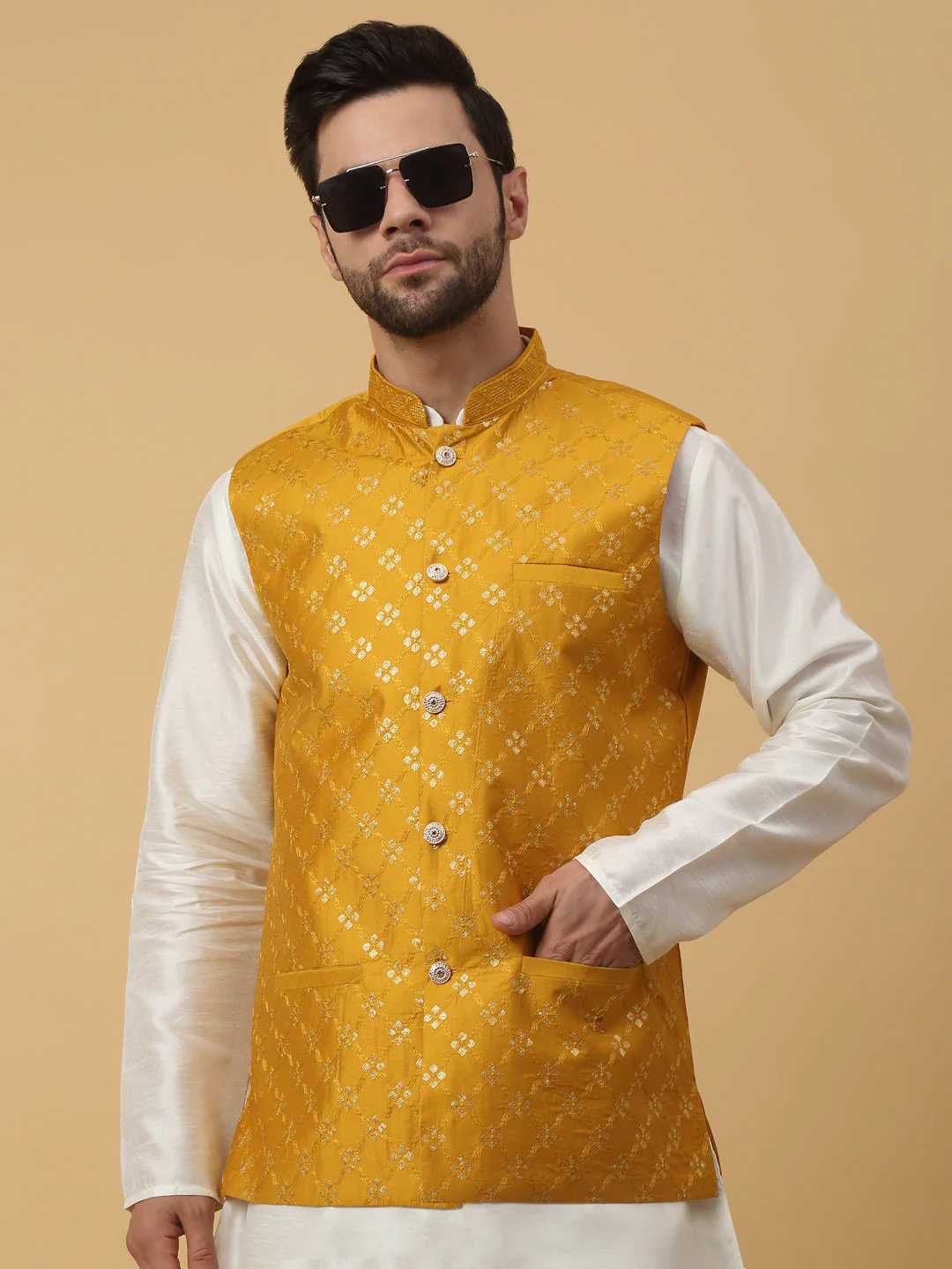 KRAFT INDIA Men's Cotton Silk Sequenced Sleeveless Embroided Floral Nehru Jacket - Image 201