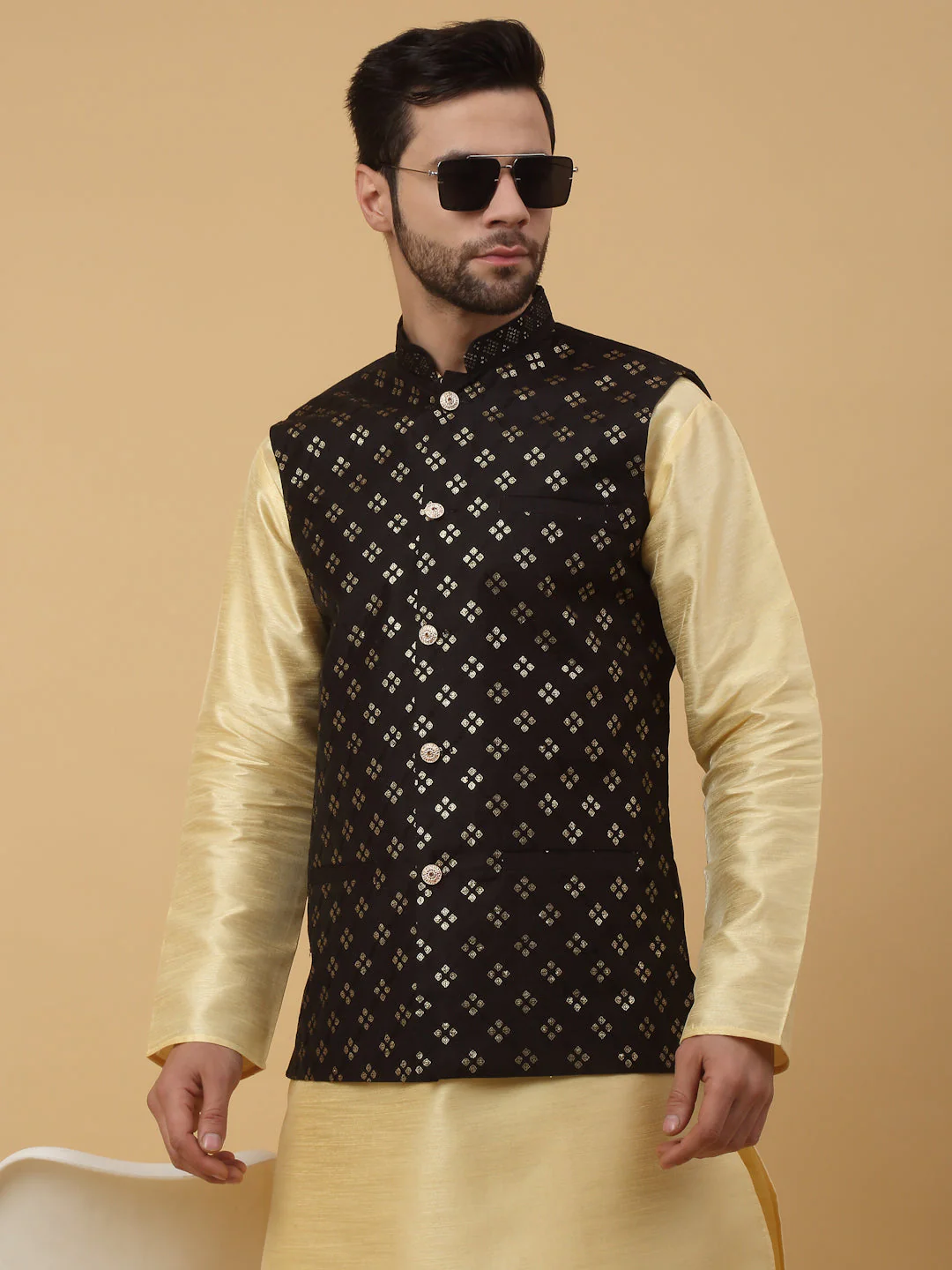 KRAFT INDIA Men's Cotton Silk Sequenced Sleeveless Embroided Floral Nehru Jacket - Image 209
