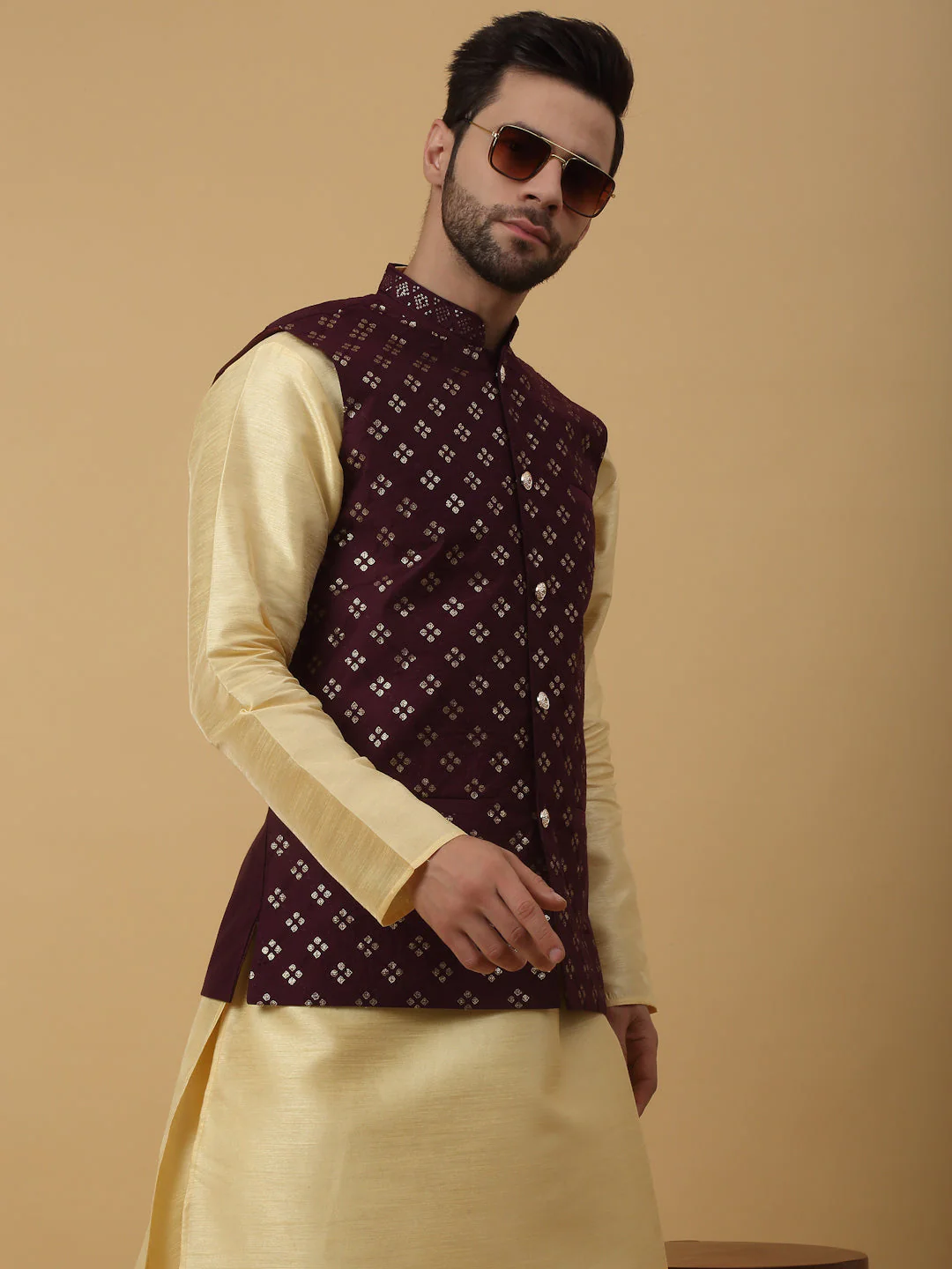 KRAFT INDIA Men's Cotton Silk Sequenced Sleeveless Embroided Floral Nehru Jacket - Image 245