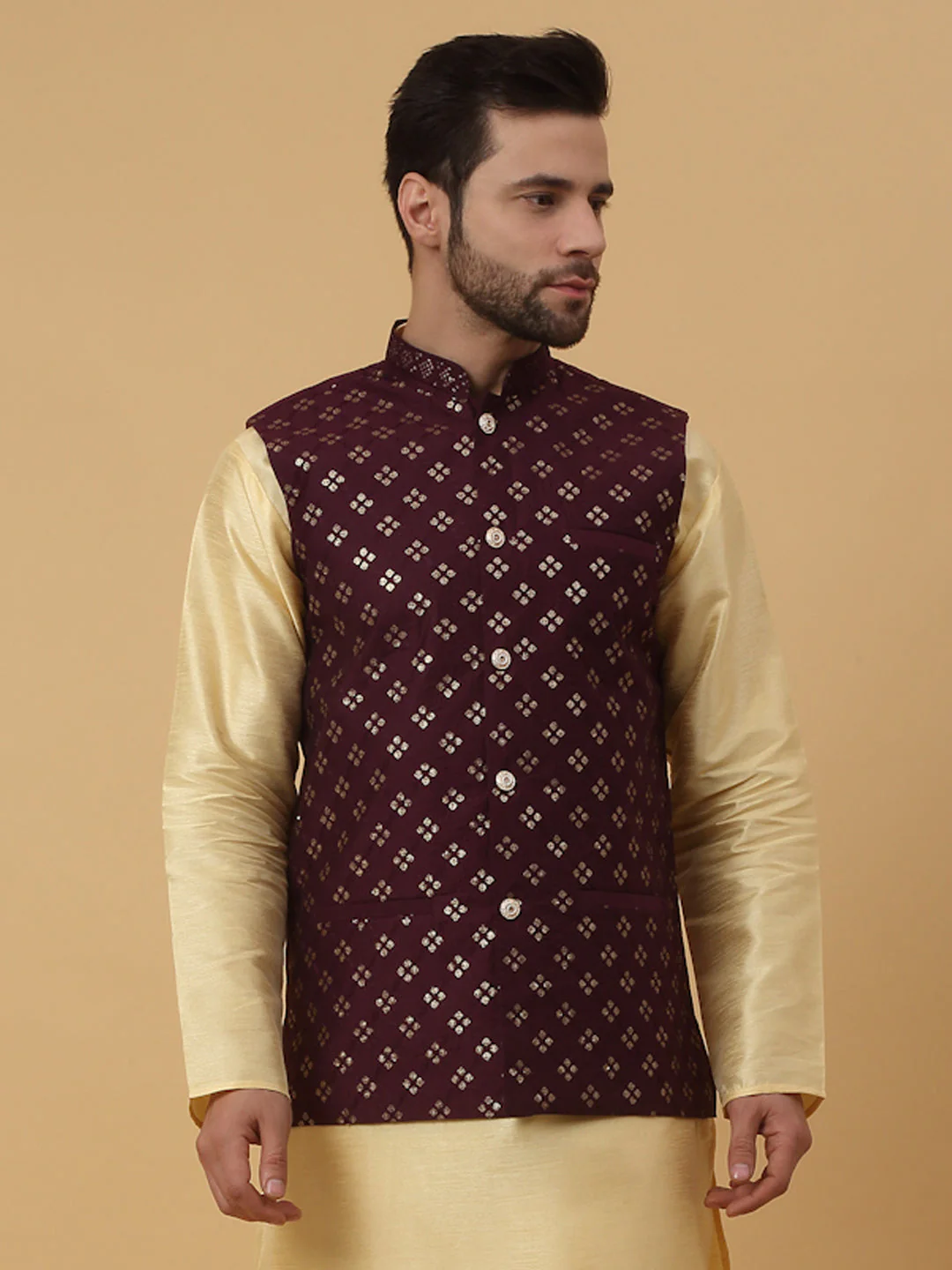 KRAFT INDIA Men's Cotton Silk Sequenced Sleeveless Embroided Floral Nehru Jacket - Image 25