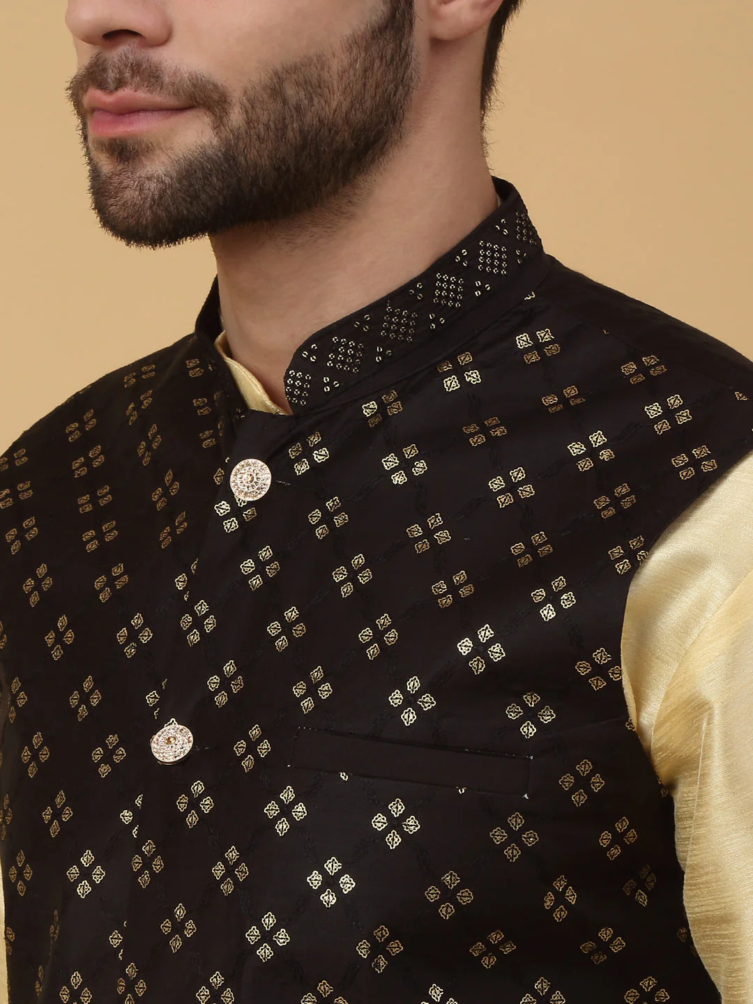 KRAFT INDIA Men's Cotton Silk Sequenced Sleeveless Embroided Floral Nehru Jacket - Image 3