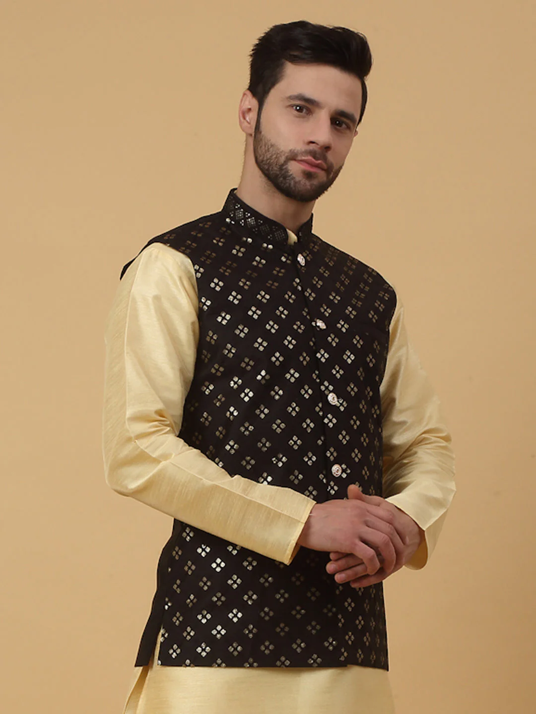 KRAFT INDIA Men's Cotton Silk Sequenced Sleeveless Embroided Floral Nehru Jacket - Image 5