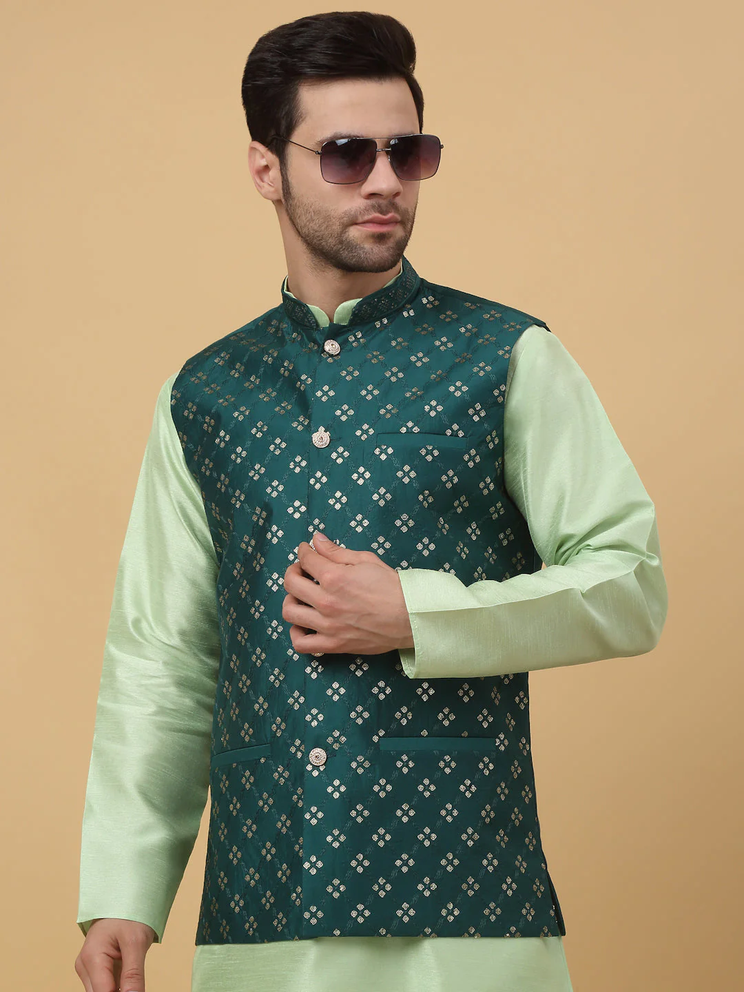 KRAFT INDIA Men's Cotton Silk Sequenced Sleeveless Embroided Floral Nehru Jacket - Image 66
