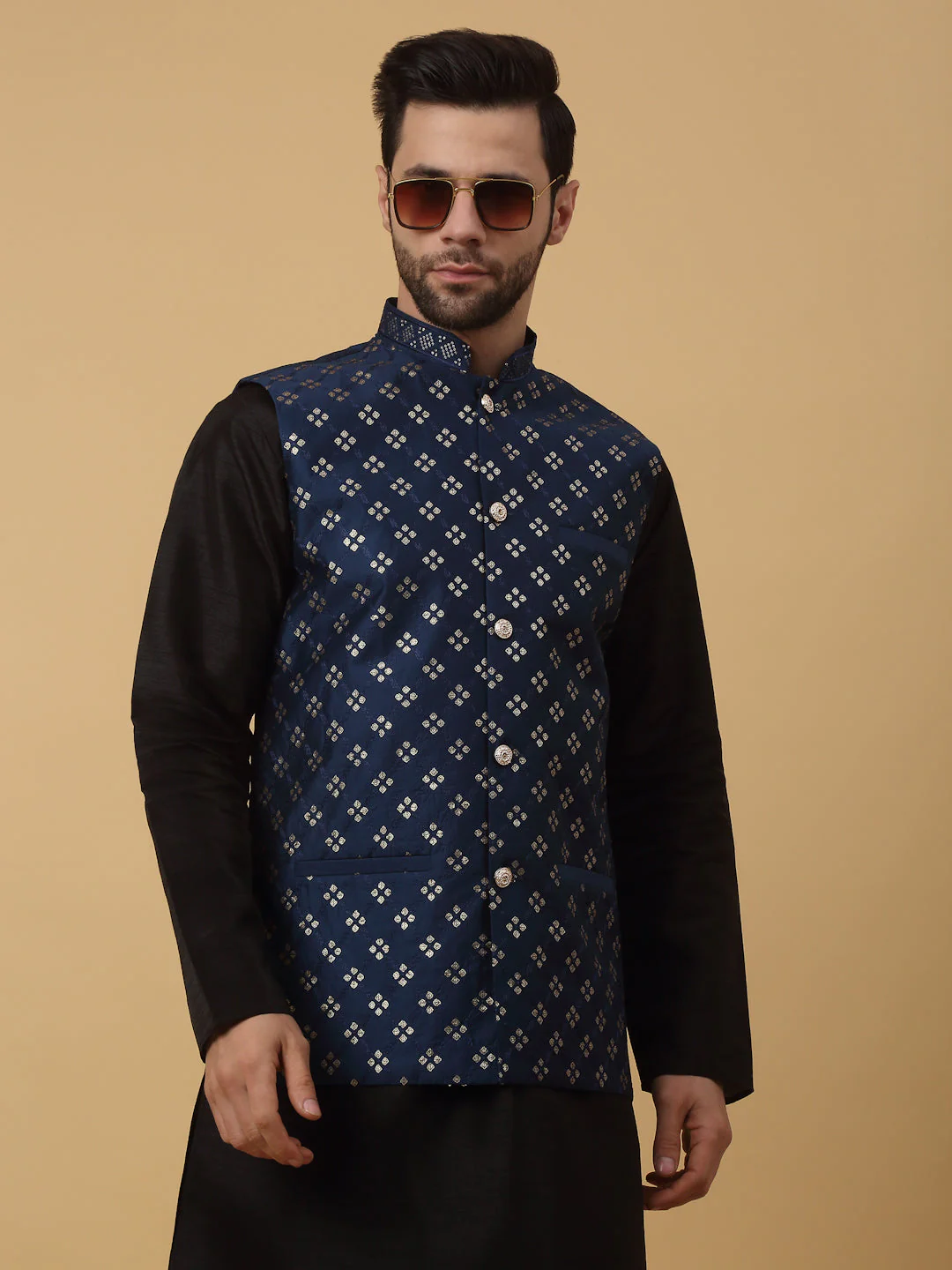 KRAFT INDIA Men's Cotton Silk Sequenced Sleeveless Embroided Floral Nehru Jacket - Image 86