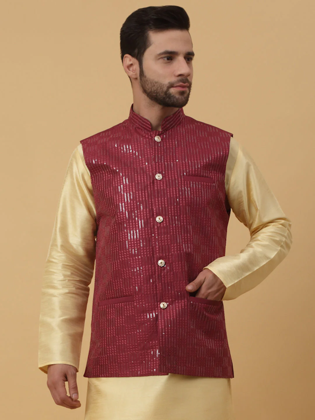 KRAFT INDIA Men's Cotton Silk Sequenced Sleeveless Embroided Nehru Jacket - Image 11