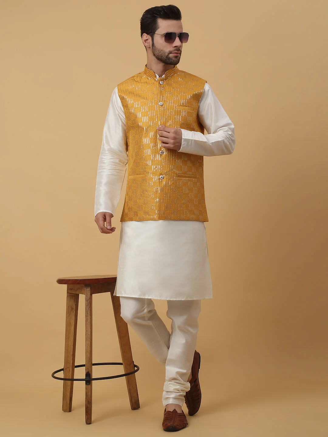 KRAFT INDIA Men's Cotton Silk Sequenced Sleeveless Embroided Nehru Jacket - Image 20
