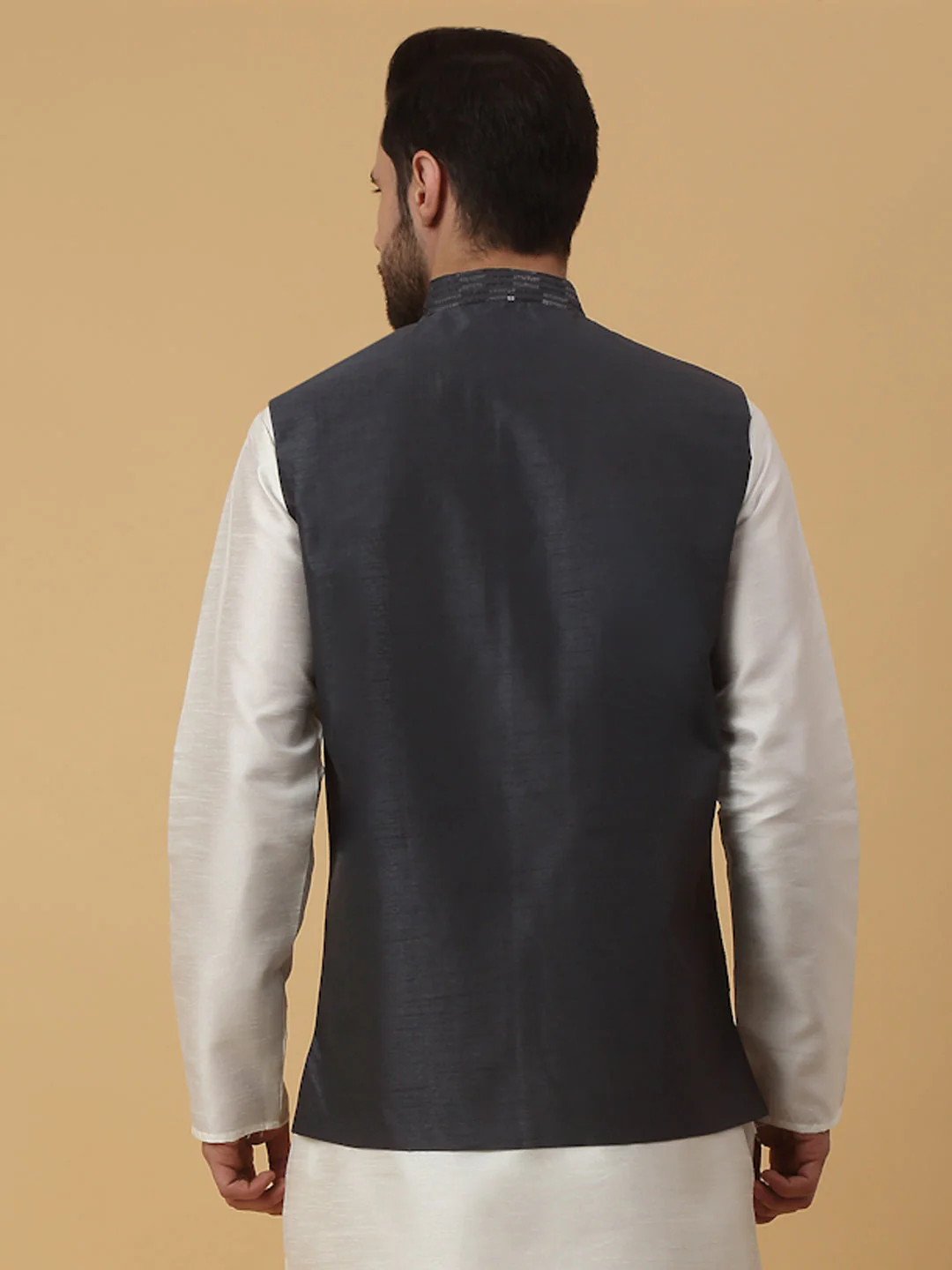 KRAFT INDIA Men's Cotton Silk Sequenced Sleeveless Embroided Nehru Jacket - Image 7