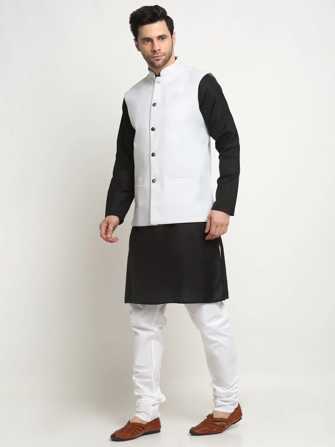 KRAFT INDIA Men's Cotton Solid Black Kurta Churidar With Twill Nehru Jacket Set - Image 109