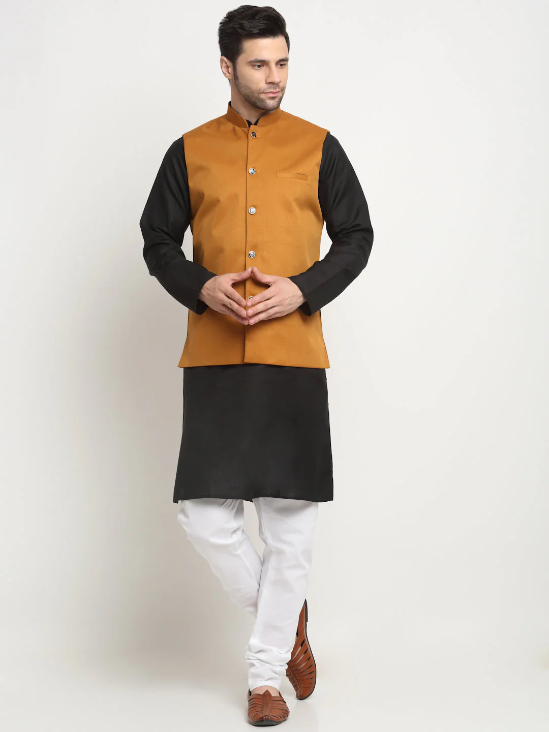 KRAFT INDIA Men's Cotton Solid Black Kurta Churidar With Twill Nehru Jacket Set - Image 110