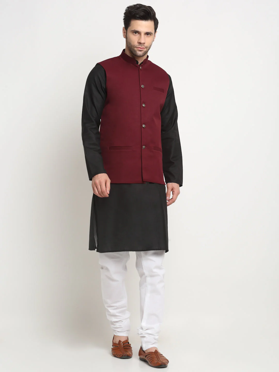 KRAFT INDIA Men's Cotton Solid Black Kurta Churidar With Twill Nehru Jacket Set - Image 136