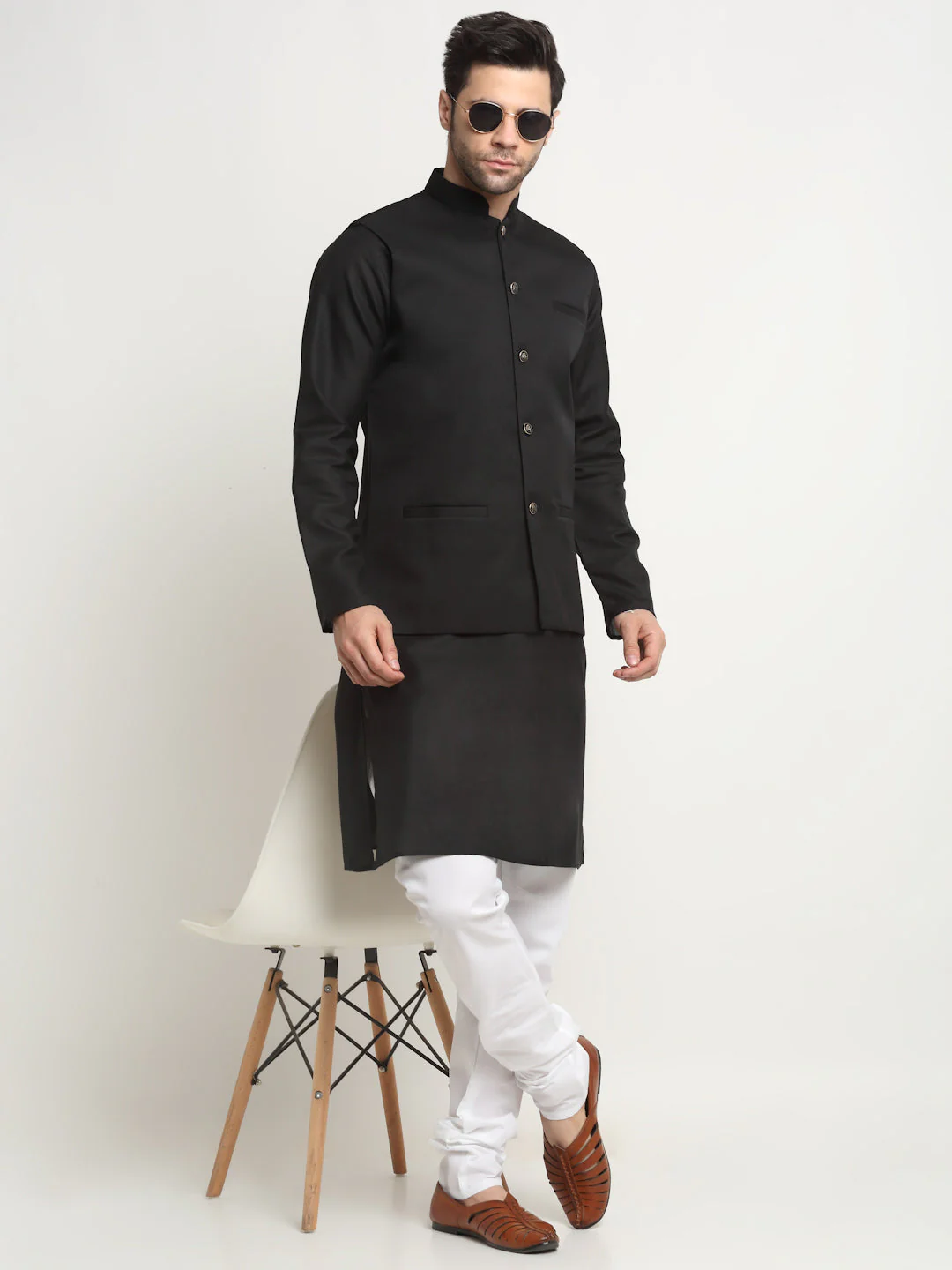 KRAFT INDIA Men's Cotton Solid Black Kurta Churidar With Twill Nehru Jacket Set - Image 15