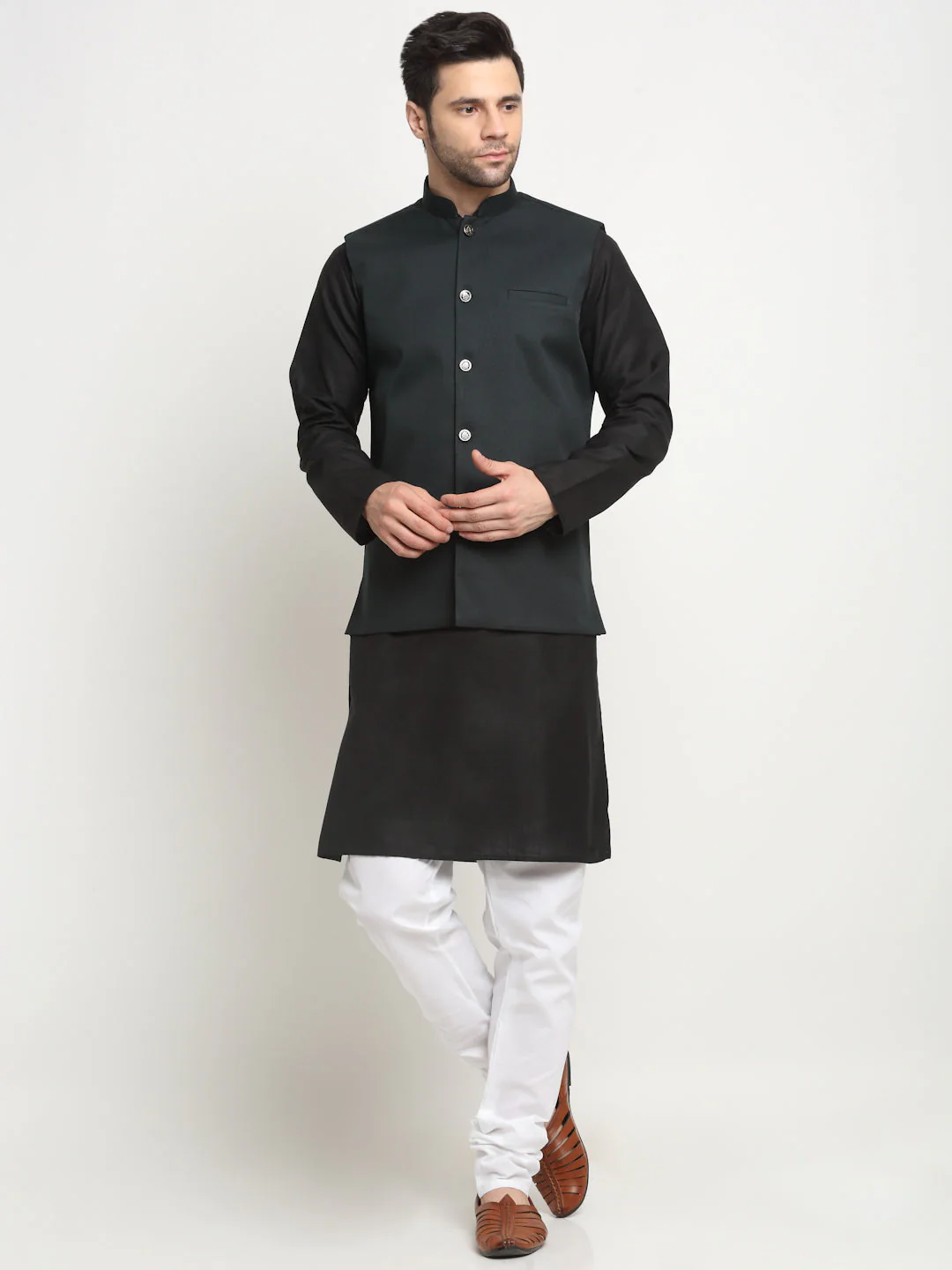 KRAFT INDIA Men's Cotton Solid Black Kurta Churidar With Twill Nehru Jacket Set - Image 186
