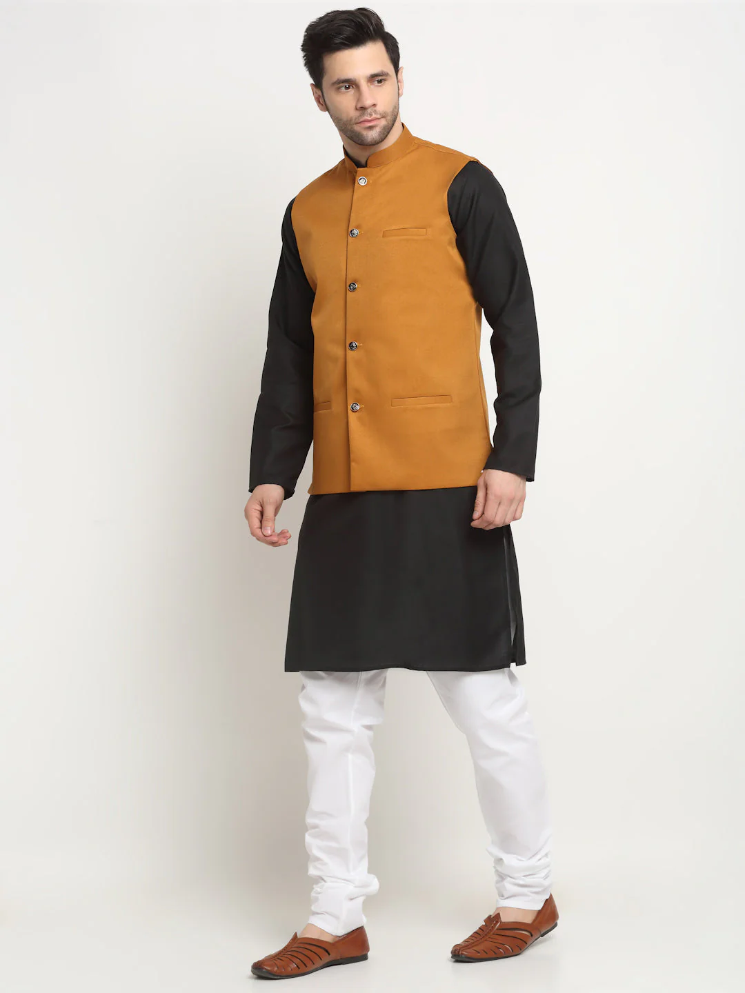 KRAFT INDIA Men's Cotton Solid Black Kurta Churidar With Twill Nehru Jacket Set - Image 21