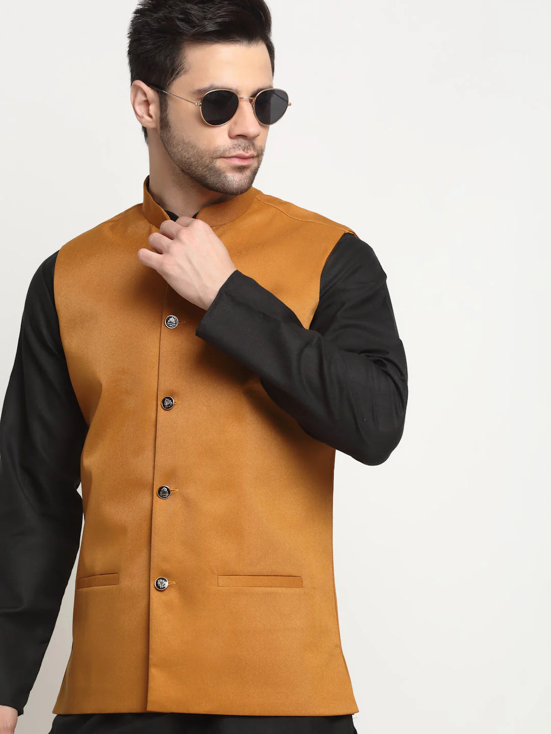 KRAFT INDIA Men's Cotton Solid Black Kurta Churidar With Twill Nehru Jacket Set - Image 23