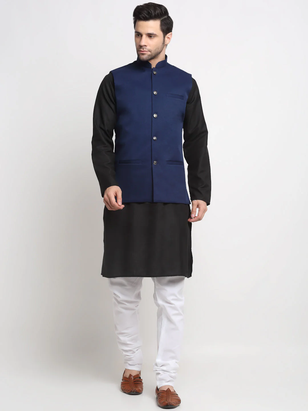 KRAFT INDIA Men's Cotton Solid Black Kurta Churidar With Twill Nehru Jacket Set - Image 242