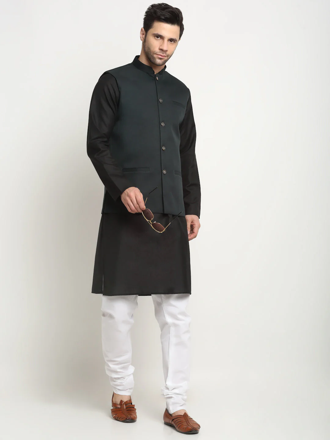 KRAFT INDIA Men's Cotton Solid Black Kurta Churidar With Twill Nehru Jacket Set - Image 32