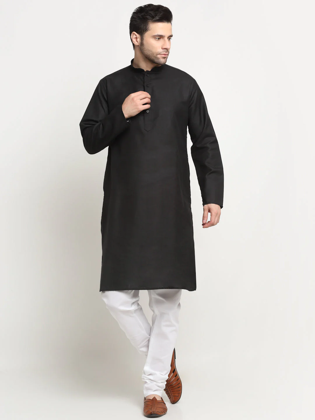 KRAFT INDIA Men's Cotton Solid Black Kurta Churidar With Twill Nehru Jacket Set - Image 34