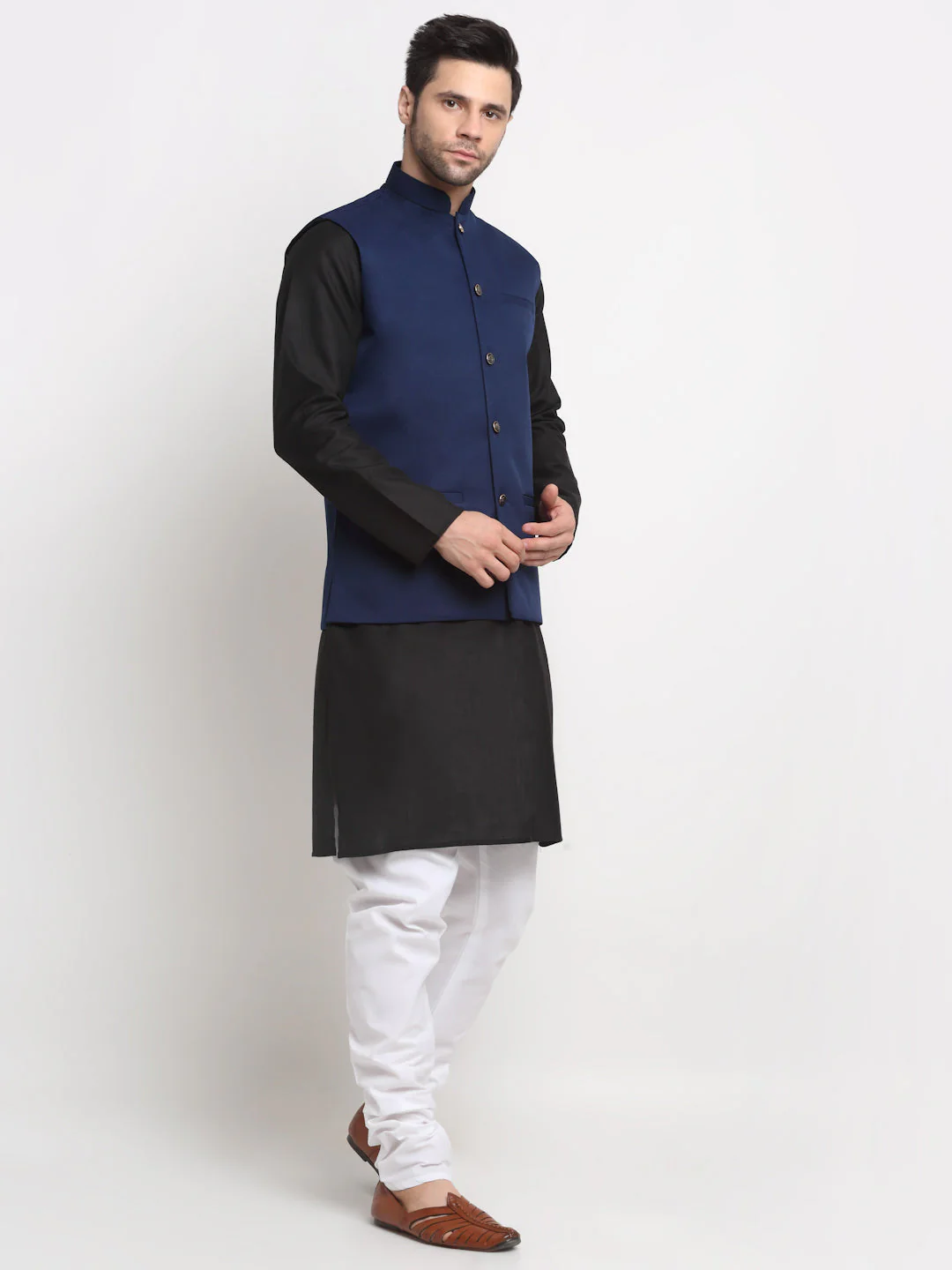 KRAFT INDIA Men's Cotton Solid Black Kurta Churidar With Twill Nehru Jacket Set - Image 39