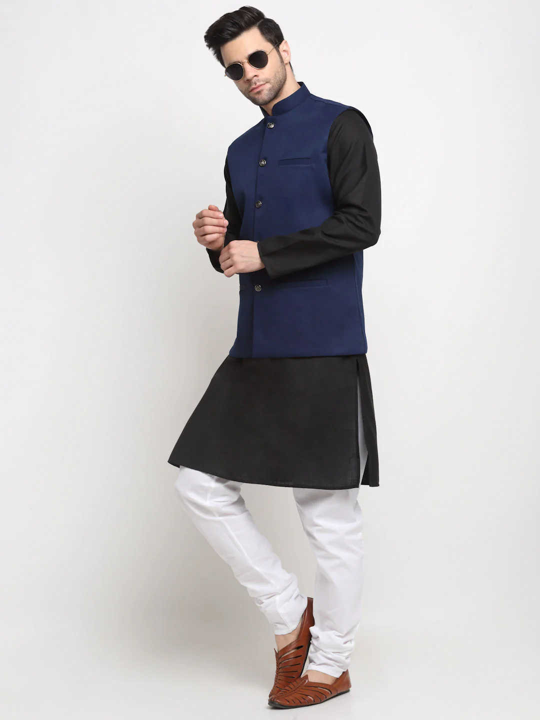 KRAFT INDIA Men's Cotton Solid Black Kurta Churidar With Twill Nehru Jacket Set - Image 42