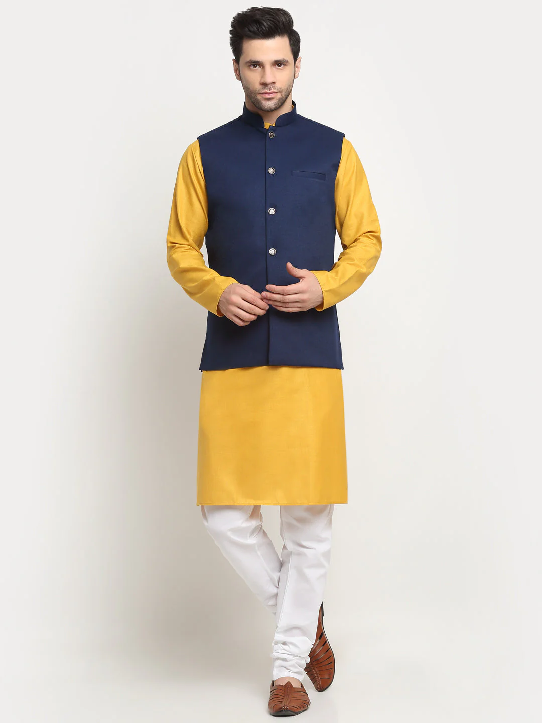 KRAFT INDIA Men's Cotton Solid Mustard Kurta Churidar With Twill Nehru Jacket Set - Image 12