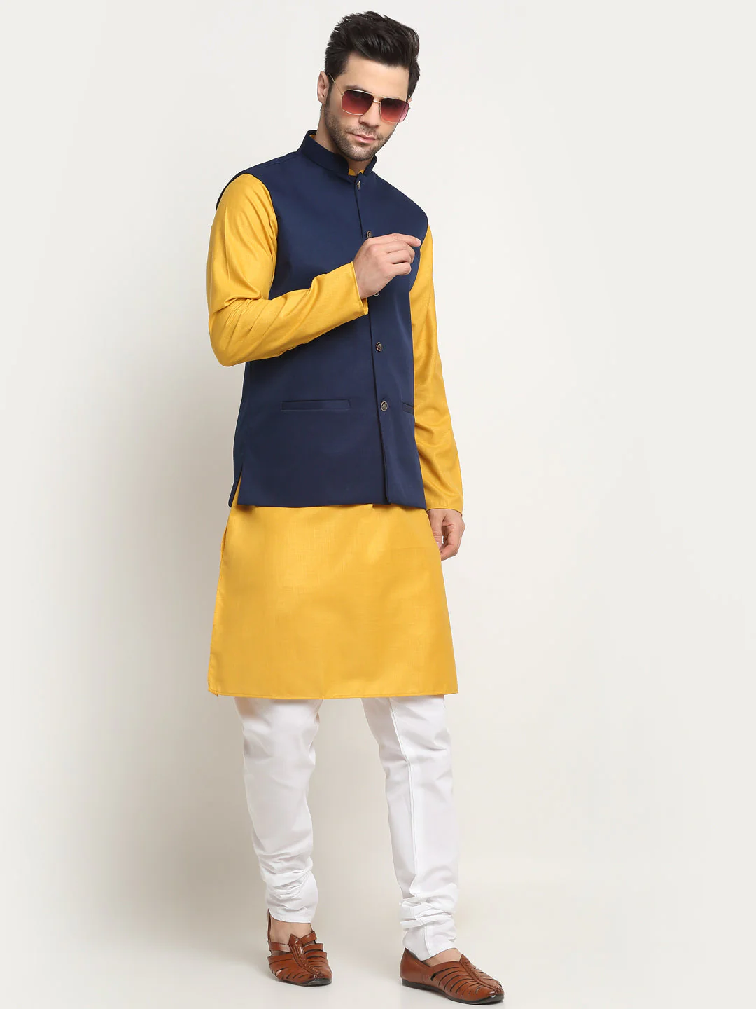 KRAFT INDIA Men's Cotton Solid Mustard Kurta Churidar With Twill Nehru Jacket Set - Image 15