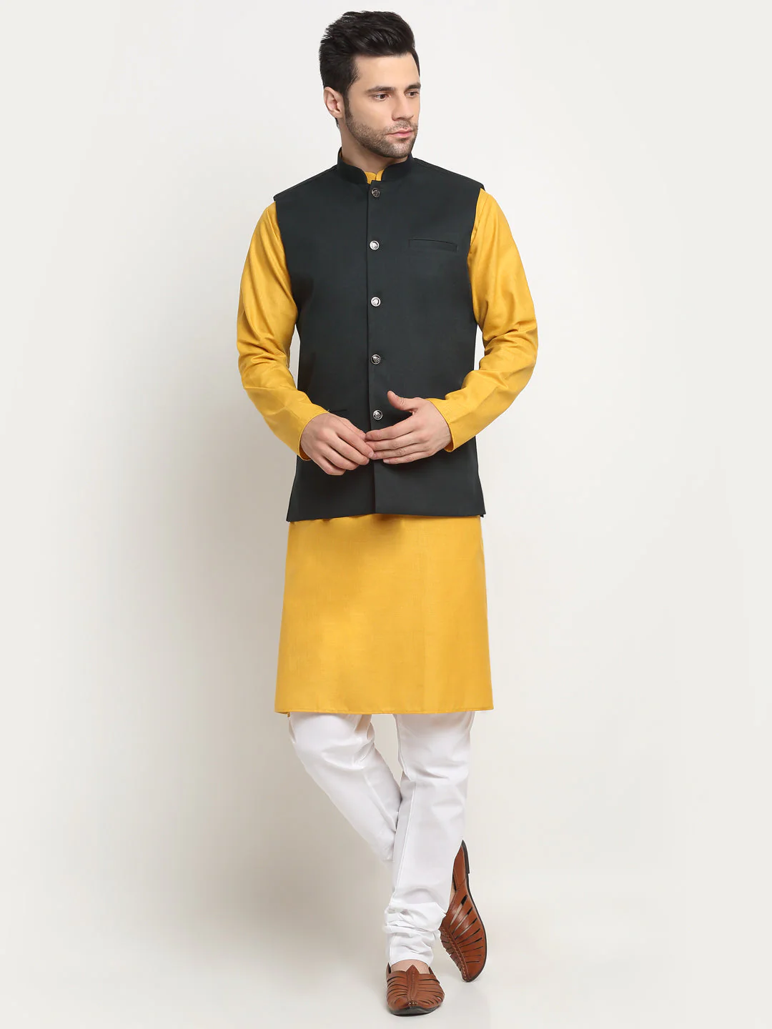 KRAFT INDIA Men's Cotton Solid Mustard Kurta Churidar With Twill Nehru Jacket Set - Image 183