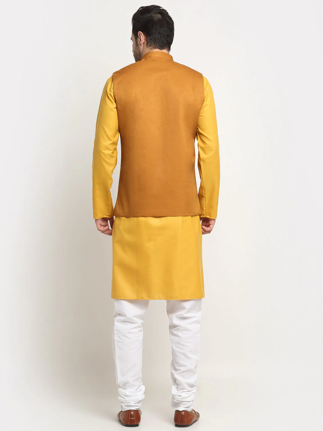 KRAFT INDIA Men's Cotton Solid Mustard Kurta Churidar With Twill Nehru Jacket Set - Image 20