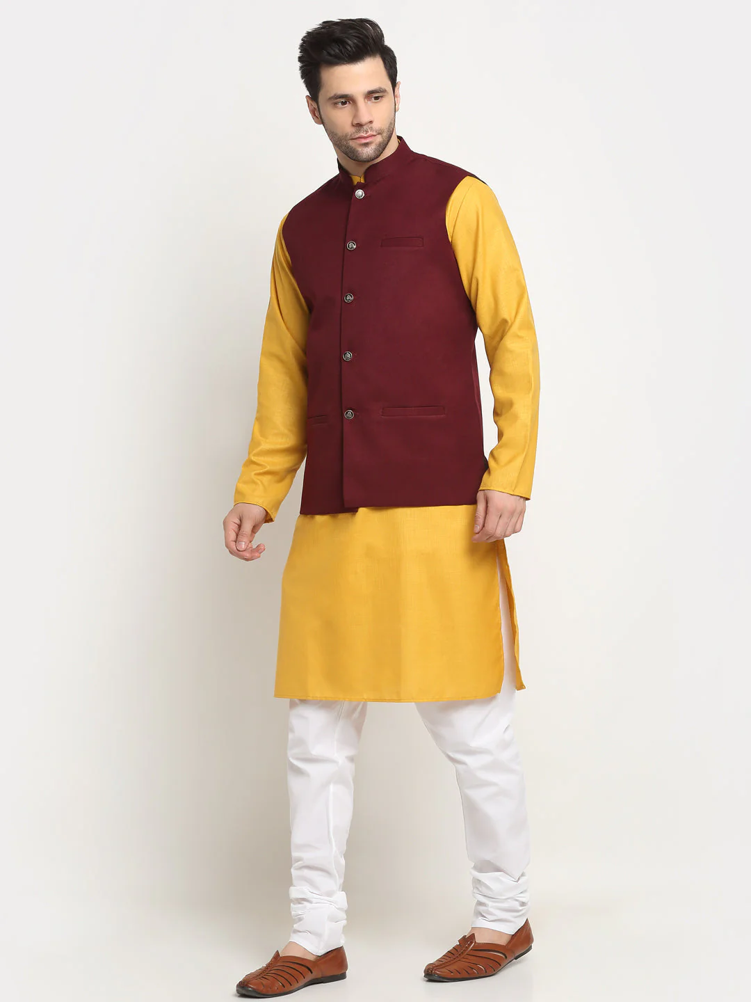 KRAFT INDIA Men's Cotton Solid Mustard Kurta Churidar With Twill Nehru Jacket Set - Image 208