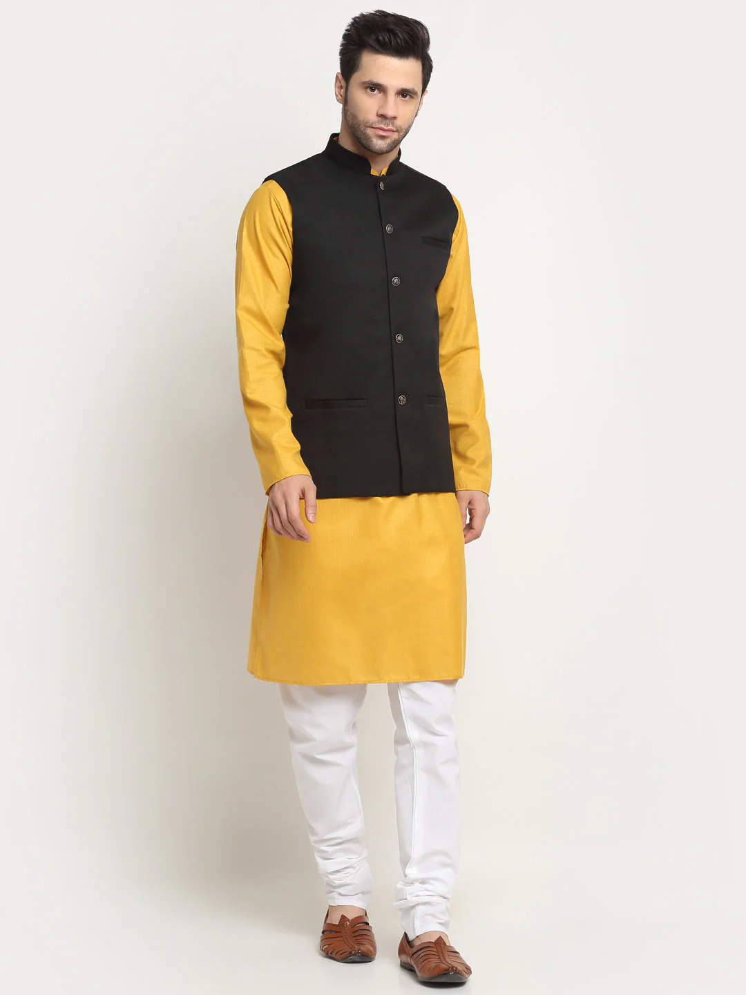 KRAFT INDIA Men's Cotton Solid Mustard Kurta Churidar With Twill Nehru Jacket Set - Image 233