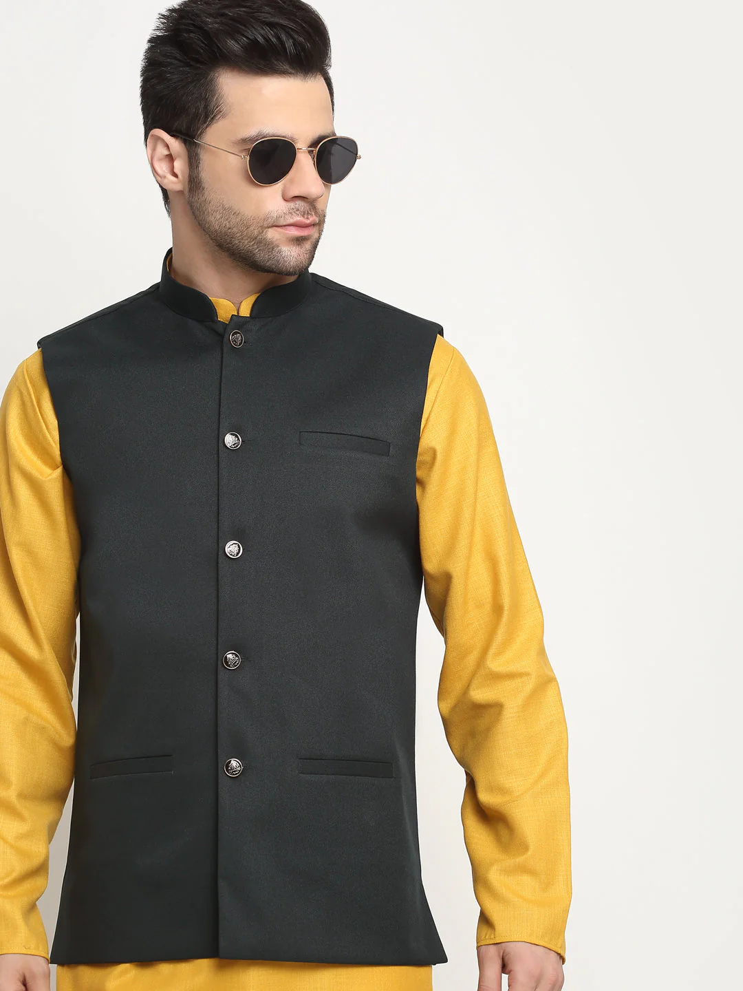 KRAFT INDIA Men's Cotton Solid Mustard Kurta Churidar With Twill Nehru Jacket Set - Image 32