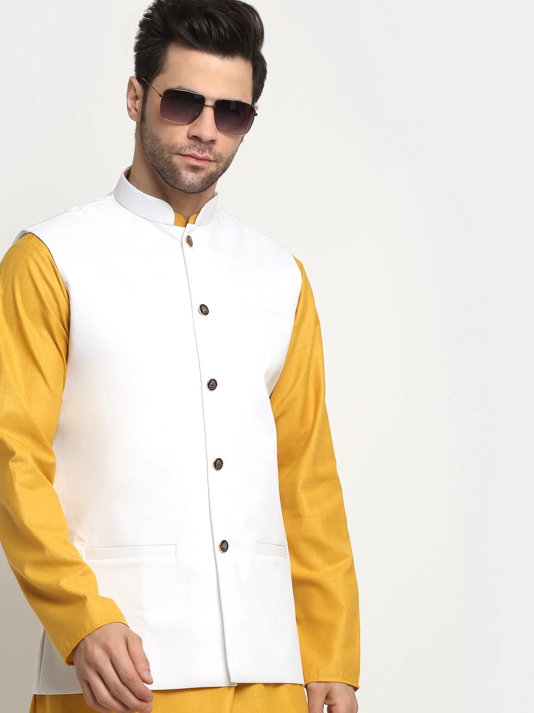 KRAFT INDIA Men's Cotton Solid Mustard Kurta Churidar With Twill Nehru Jacket Set - Image 40