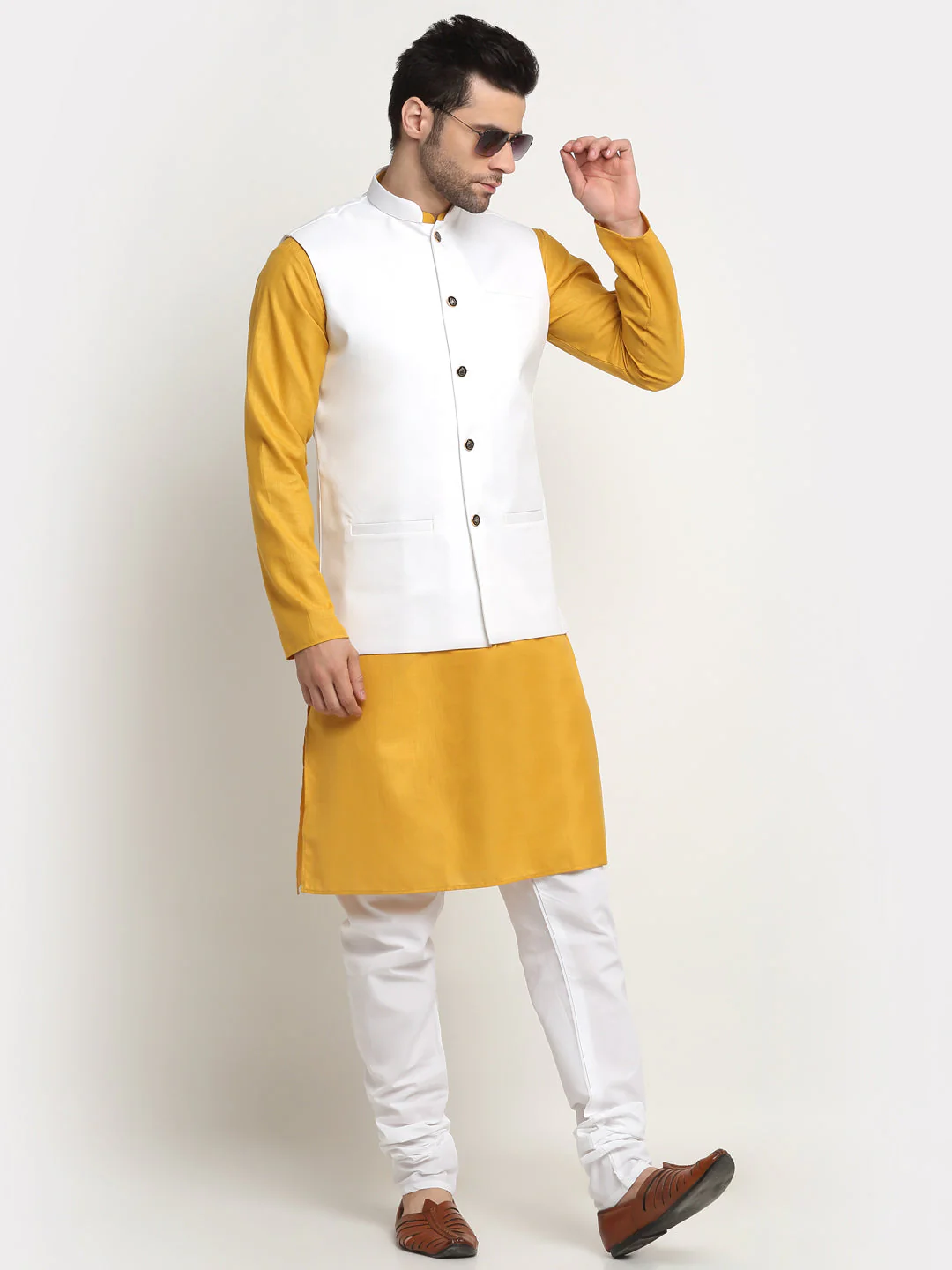 KRAFT INDIA Men's Cotton Solid Mustard Kurta Churidar With Twill Nehru Jacket Set - Image 41