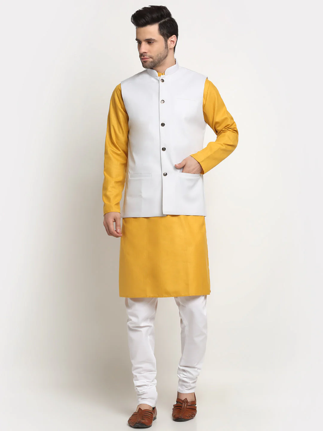 KRAFT INDIA Men's Cotton Solid Mustard Kurta Churidar With Twill Nehru Jacket Set - Image 56