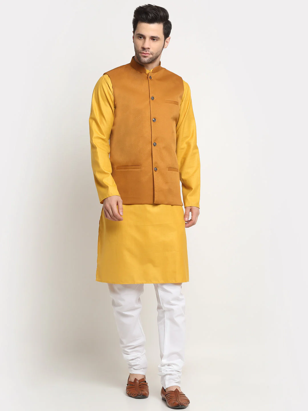 KRAFT INDIA Men's Cotton Solid Mustard Kurta Churidar With Twill Nehru Jacket Set - Image 68