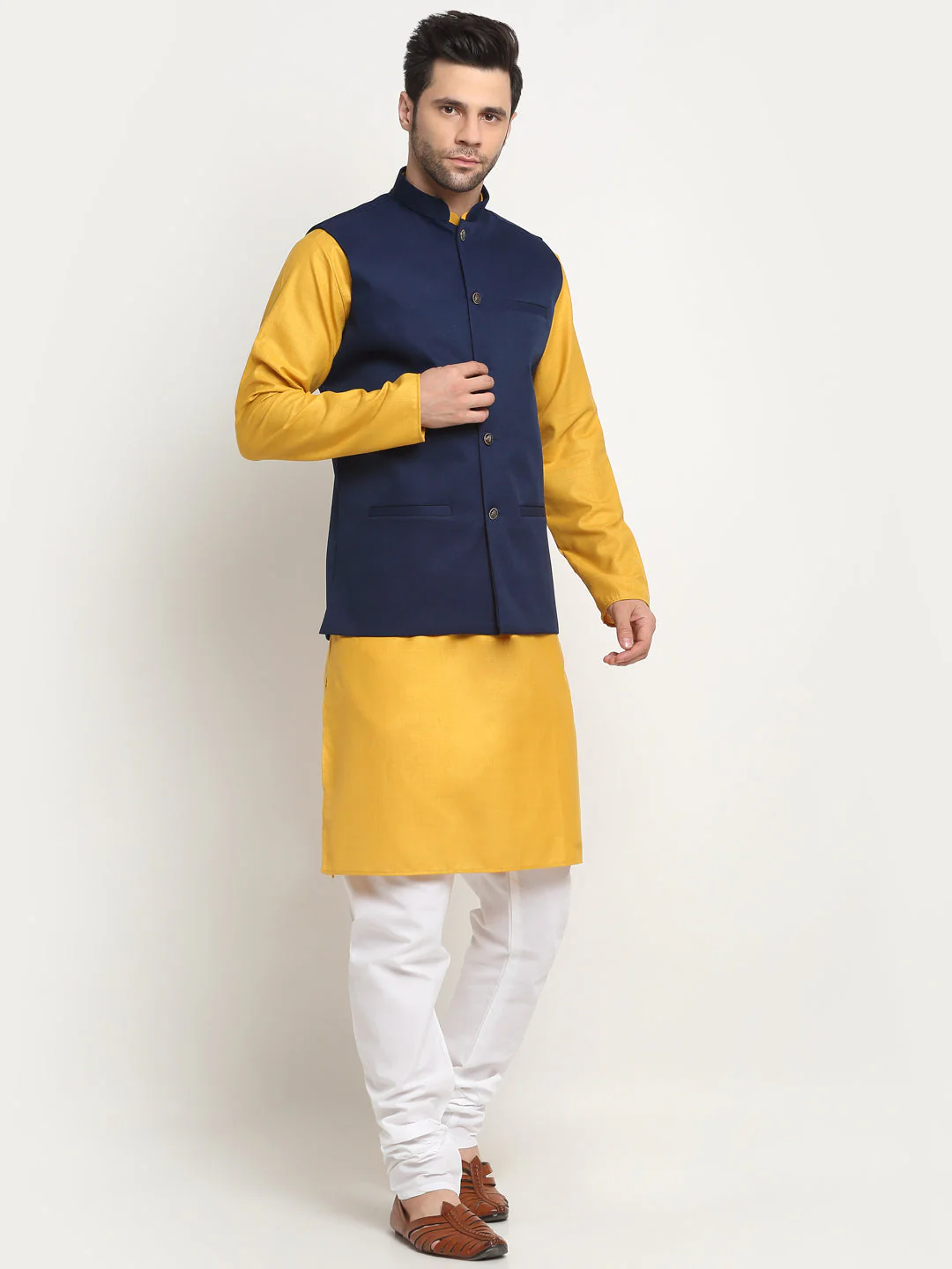 KRAFT INDIA Men's Cotton Solid Mustard Kurta Churidar With Twill Nehru Jacket Set - Image 95
